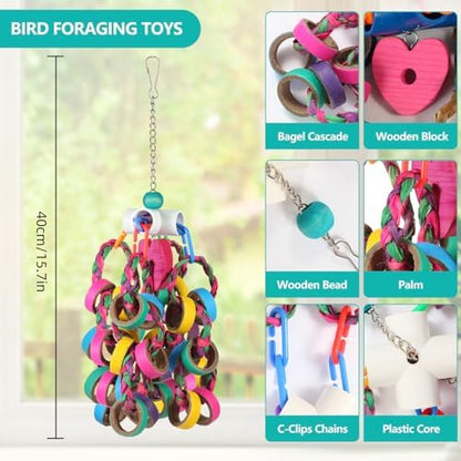 lovyoCoCo Bird Toys Conure Toys,Bird Parrot Foraging Shredder 24 Pcs Colorful Bagel Chewy Rings for Small Parrots Parakeets Conures Cockatiels Love Bird Cage Accessies (W)