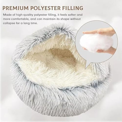 Cat Bed Round Fluffy Hooded Cat Bed Cave, Anti-Anxiety Cave Bed with Hooded Blanket, Cozy Cuddler Luxury Puppy Pet Bed, Anti-Slip Bottom and Machine Washable