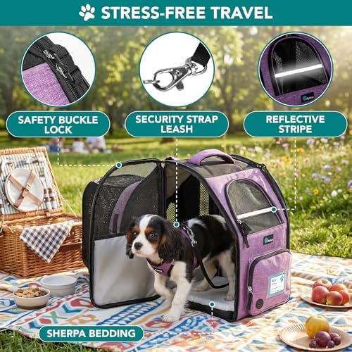 PetAmi Expandable Dog Backpack Carrier for Cats & Pets, Breathable Cat Carrier Backpack with Top Window & Multi-Entry, Ventilated Foldable Travel Carrier for Small Medium Pets up to 18 lbs, Purple