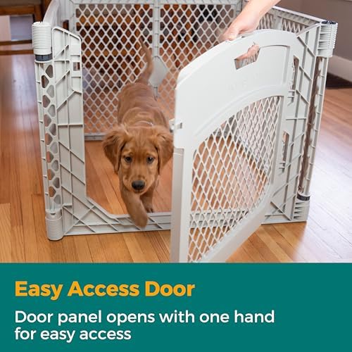 MyPet North States Petyard Plus: 3 Ft. Wide Folding Dog Playpen Indoor or Outdoor. 4-Panel Freestanding Play Pen Dog Gate Made in USA. 26" Tall, Light Gray