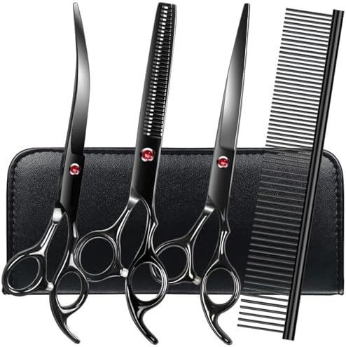 Dog Grooming Scissors Kit, Premium Stainless Steel Dog Shears with Curved Shears, Sharp Durable for Dogs Cats+Black 4 Piece