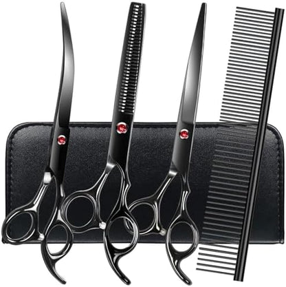 Dog Grooming Scissors Kit, Premium Stainless Steel Dog Shears with Curved Shears, Sharp Durable for Dogs Cats+Black 4 Piece