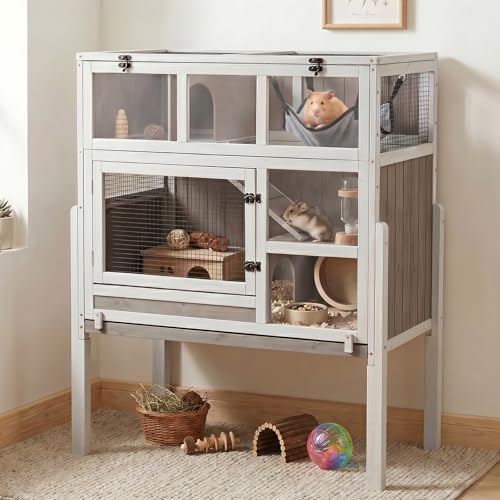 3-Story Guinea Pig Cage with Stand, Wooden Indoor Habitat