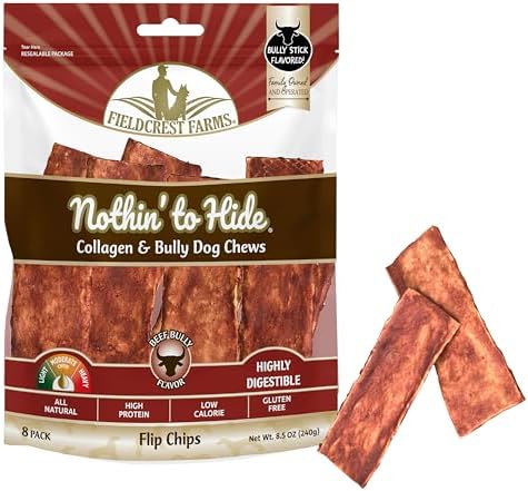 Fieldcrest Farms Nothin to Hide Flip Chips Dog Chews - Natural Rawhide Alternative Treats for Dogs, Collagen Based Snack for Moderate Chewers Up to 35lbs, Beef Bully Flavor -1 Pack (8 Chips)