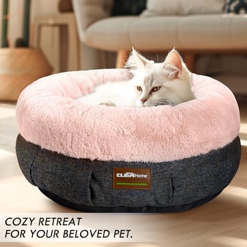 ClevaHome Calming Soft Plush Donut Cat Bed, Fluffy Round Cat Bed for Indoor Cats, Washable Kitten Bed with Plush Faux Fur, Anti-Slip Bottom, Blush Pink