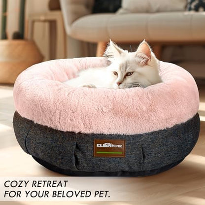 ClevaHome Calming Soft Plush Donut Cat Bed, Fluffy Round Cat Bed for Indoor Cats, Washable Kitten Bed with Plush Faux Fur, Anti-Slip Bottom, Blush Pink