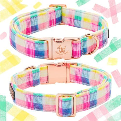Elegant little tail Dog Collar with Flower, Spring Plaid Girl Pet Collars for Female Dogs Floral Pet Adjustable Puppy Collars with Flowers for Small Medium Large Dogs