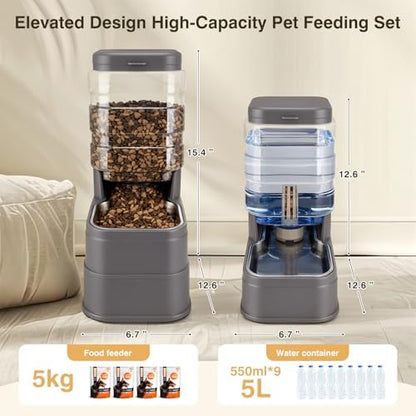 2 Pack Automatic Cat Feeder and Water Dispenser 1.3 Gallon Dog Gravity Food Feeder and Water with Ice Pack Stainless Steel Dry Food and Water Bowl for Small Medium Large Pets (Grey)