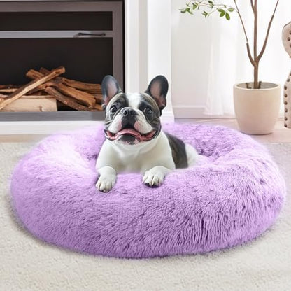 JOLLYVOGUE Calming Dog Bed Medium Size Dog, 31in Donut Washable Medium Pet Bed, Anti-Slip & Anti-Anxiety Fluffy Faux Fur Round Dogs Bed, Fits up to 45 lbs Pets (Purple)