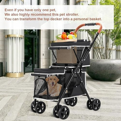 Double Pet Stroller for 2 Dogs & Cats, Double-Decker, Black