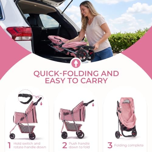Pet Stroller for Small Medium Cats Dogs, 3-Wheel, One-Click Foldable