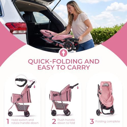 Pet Stroller for Small Medium Cats Dogs, 3-Wheel, One-Click Foldable