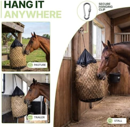 Slow Feed Hay Bag for Horses, Heavy Duty Hay Net for Horses Goats Sheep Donkey, Rigid Quick Fill Collar, 1.7 in Mesh, Waterproof 1000D Armor Bottom, Drain Holes, Stainless Steel Carabiner