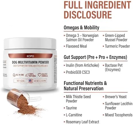 Kopo Dog Multivitamin Powder | Supports Heart, Daily Vitality, Immunity, Digestion, Skin & Coat and Hip & Joint | Dog Vitamins from Real Foods | Beef Flavor | All Breeds | Made in USA | 66 Scoops