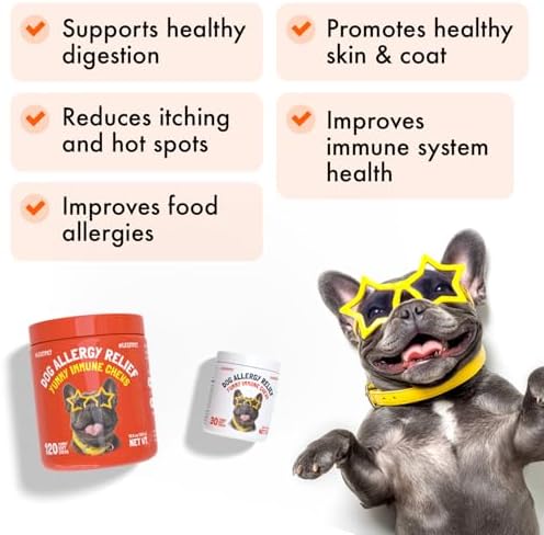 Allergy Relief Chews for Dogs & Immune & Digestive Supplement with Wild Salmon Oil Kelp Colostrum Turmeric Probiotics & Bee Pollen for Seasonal Allergies Anti Itch, Skin Hot Spots 120 Soft Treats