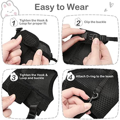 PETTOM Bunny Rabbit Harness with Stretchy Leash Cute Adjustable Buckle Breathable Mesh Vest for Kitten Small Pets Walking (Black,L)