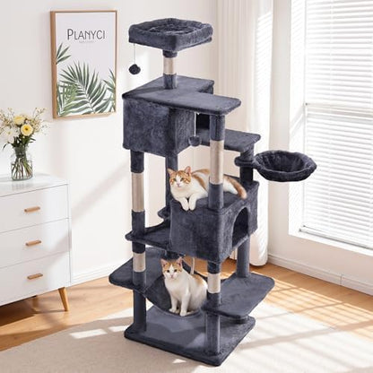 Cat Tree for Indoor Cats, 66 Inches Cat Tower with Scratching Post, Multi-Level Climbing Tree Cat House Padded Plush Perch, Cat Condo Activity Center with Pompoms, Kittens Pet Play House, Dark Gray