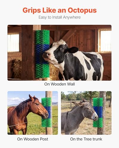 VEVOR Livestock Scratching Brush, 1PC Goat Scratcher Brush Post with 4 Screws, 16.9" x 7.5" Cow Scratcher for Back Itch Relief, Massage Grooming Scratch Tool for Horse Cattle Sheep Pig, Green & Blue