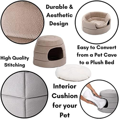 BIRDROCK HOME 2 in 1 Pet Bed for Cats or Small Dogs - Cozy Cat Cave or Plush Dog Bed - Indoor Teepee House for Pets (15 Inch Wide, Grey)