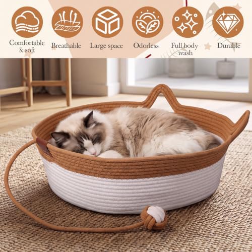 Novabright 2 Pack Woven Cat Baskets, 18.11 x 15.75 x 5.91 Inch, Caramel