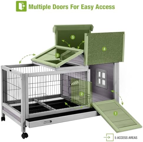 Wooden Rabbit Hutch Indoor and Outdoor, Rabbit Cage with Removable Wire Netting and Leak Proof Tray, Mobile Bunny Cage with Wheels (Grey)