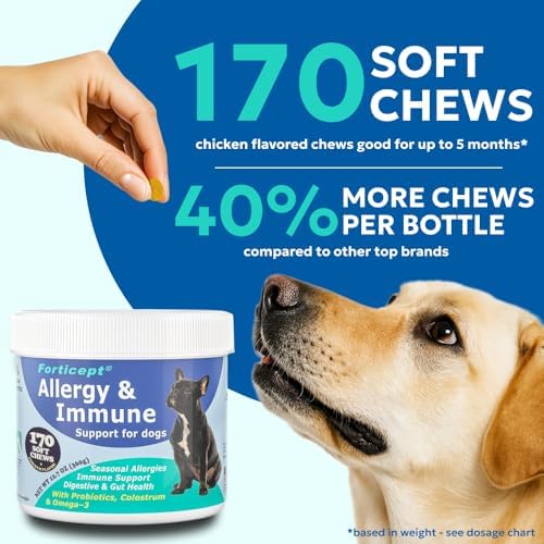 Forticept Allergy & Immune Probiotics for Dogs, Support Seasonal Allergies, Gut & Digestive Health - Enzymes, Colostrum, and Omega 3 Helps with Hot Spot and Yeast, Itch Relif
