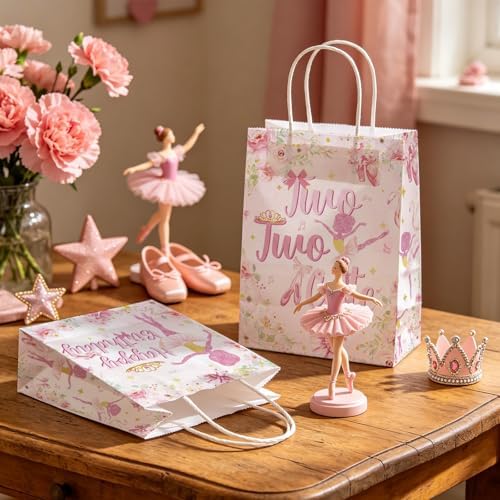 16Pcs Ballerina 2nd Birthday Party Favor Bags Pink Ballet Tutu Cute Candy Treat Gift Goodie Bags with Handles Ballerina Fairy Decorations for Girls 2 Year Old Birthday Baby Shower Party Supplies
