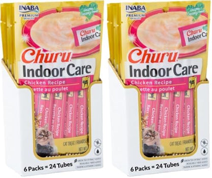 INABA Churu Indoor Care for Hairball Control, Functional Lickable Cat Treat with Taurine & Green Tea Extract, 0.5oz Each, Tubes, Chicken Recipe (Pack of 48)