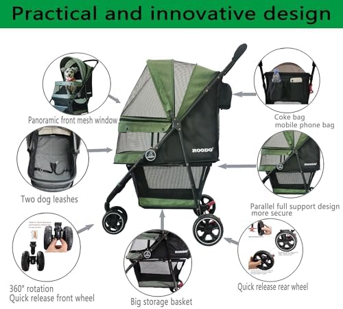 ROODO 3 Wheel Pet Stroller Best Lightweight Foldable Compact Portable Jogger All Terrain Travel Pet Gear Puppy Kitty Stroller for up to 30lbs Medium Small Dogs and Cats(Green)
