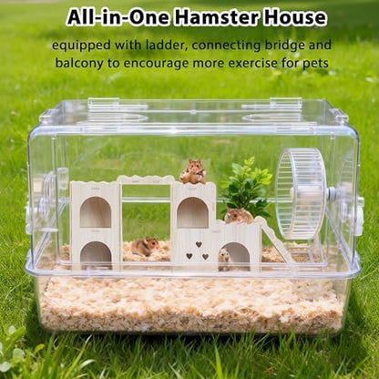Large Hamster Hideout, Wooden Double-Decker Castle with Climb Ladder