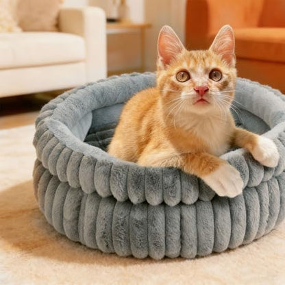 Cat Bed Kitten Bed,Round Dog Bed Cat Bed for Indoor, Soft Plush Fluffy Washable Round Sleeping Pet Bed for Puppy and Kitten with Anti-Slip Bottom (20×20 inch, Grey)