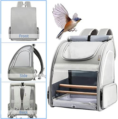 Texsens Bird Carrier Backpack - Pet Travel Cage with Upgraded Tray and Standing Perches, Breathable & Portable, for Small Birds, Green Cheek, Cockatiel, Parrot (Grey)