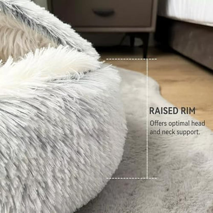 Cat Bed Round Fluffy Hooded Cat Bed Cave, Anti-Anxiety Cave Bed with Hooded Blanket, Cozy Cuddler Luxury Puppy Pet Bed, Anti-Slip Bottom and Machine Washable (Grey, Medium)
