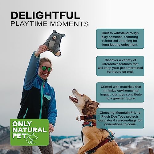 Only Natural Pet Mountain Friends Recycled Plush Dog Toys - Durable Double-Stitched Design with Internal Squeaker & Crinkly Ears - Stuffed Toy for Dogs, Squeaky Pet Toy | Beatrice the Bear, 9" x 9.5"