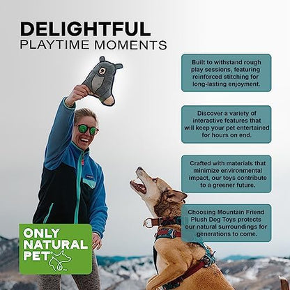 Only Natural Pet Mountain Friends Recycled Plush Dog Toys - Durable Double-Stitched Design with Internal Squeaker & Crinkly Ears - Stuffed Toy for Dogs, Squeaky Pet Toy | Beatrice the Bear, 9" x 9.5"
