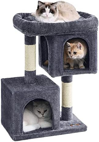 Feandrea Cat Tree, 29.1-Inch Small Cat Tower, Cute Plush Condo, Smoky Gray