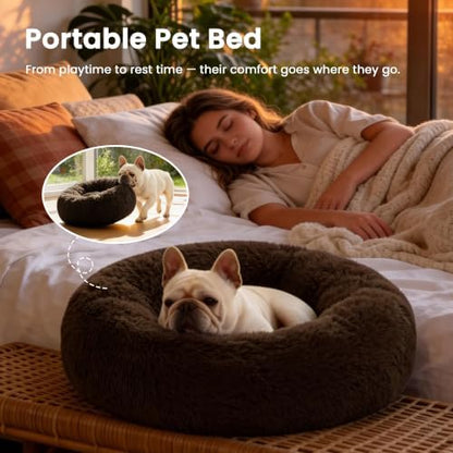 Love's cabin 24in Cat Beds for Indoor Cats - Cat Bed with Machine Washable, Waterproof Bottom - Dark Brown Fluffy Dog and Pet Calming Cushion Bed for Joint-Relief and Sleep Improvement