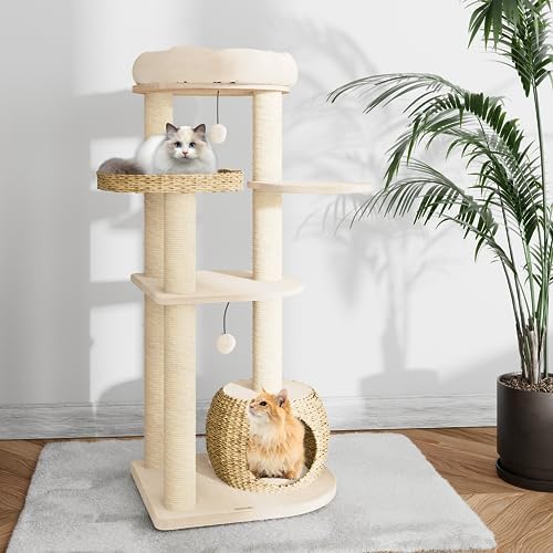 KAMABOKO Modern Cat Tree, 53" Tall Cat Trees for Indoor Cats w/Natural Sisal Scratching Posts, Hand-Woven Condo & Top Perch, Cat Tree for Kittens Climb Play & Rest