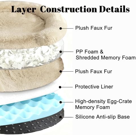 Calming Dog & Cat Beds with Orthopedic Egg-Crate Foam Raised Rim, Soft Fluffy Faux Fur Pet Bed for Small Medium Dogs, Anxiety Relief Spine Support, Machine Washable Cover (Round, Beige 23")