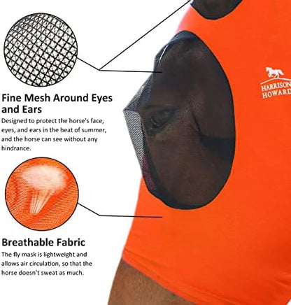 Harrison Howard Super Comfort Stretchy Fly Mask Large Eye Space with UV Protection Soft on Skin with Breathability Vibrant Orange Cob (Medium)