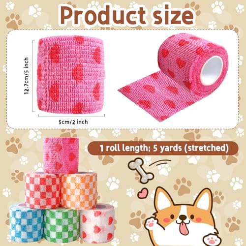 6 Pack 2 Inch x 5 Yards Checkered and Heart Print Pet Vet Wrap for Dogs, Cats, Horses, Non-Woven Self-Adhesive Cohesive Bandage Rolls for Wound Care, Ankle Sprains, Swelling, First Aid Protection