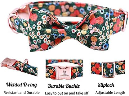 Lionheart glory Floral Print Dog Collar Adjustable Soft Dog Collar with Bowtie, Girl Pet Collars for X-Small Small Medium Large Dogs