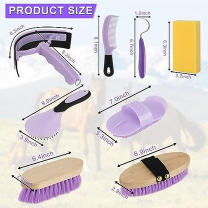 Horse Grooming Kit, 9-Piece Horse Brush Set with Tote Bag, Purple