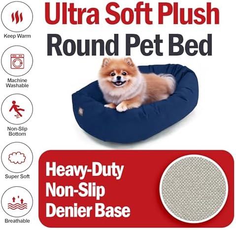 Majestic Pet Suede Shredded Memory Foam Mix Calming Dog Bed Washable - Cozy Soft Round Dog Bed with Spine for Head Support - Fluffy Donut Dog Bed, 24 Inch, Navy