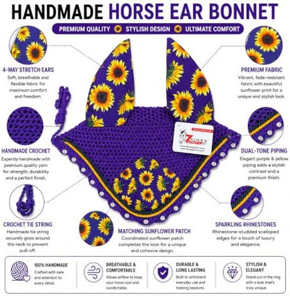 Horse Ear Bonnet for Horses, Sunflower Print Fly Bonnet with Crystal Edge, Handmade Crochet Fly Veil, Breathable Stretch Ears (Purple- Sunflower, Pony)
