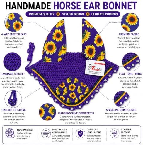 Horse Ear Bonnet for Horses, Sunflower Print Fly Bonnet with Crystal Edge, Handmade Crochet Fly Veil, Breathable Stretch Ears (Purple- Sunflower, Horse/Full)