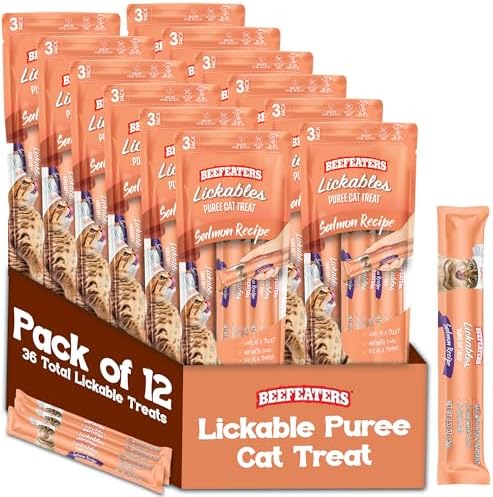 Beefeaters Salmon Pure Cat Treats 1.59oz (12 Pack) | Lickable Squeeze Tube Treats, Grain-Free, No Added Sugar, Real Salmon, Taurine-Enriched, Ideal for Bonding, Seniors, Toppers & Everyday Treating