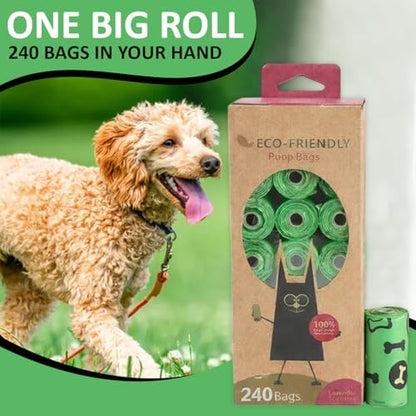 MEADOWS & MUTTS Dog Poop Bags with Dispenser - 240 Count Compostable Biodegradable Plant Based Pet Waste Bags | Leak Proof Extra Thick | Lavender Scented Puppy Poop Bags