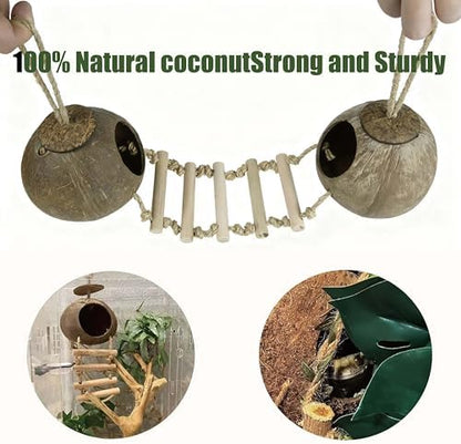 10PCS Crested Gecko Tank Accessories Set – Natural Double Coconut Shell with Ladder, Plants and Bridge Vines for Reptile Terrarium, Leopard Gecko, Lizard, Hermit Crab or Snake Habitat Decor