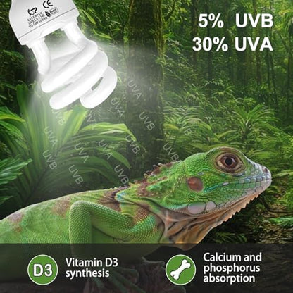 UVB Reptile Light, 5.0 15W UVA UVB Light for Reptiles, Spiral Compact Fluorescent UVB Bulb for Chameleons Tortoise Iguanas and Snakes